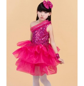 Fuchsia hot pink sequined violet purple girls kids child children one shoulder modern dance stage performance jazz dance costumes outfits